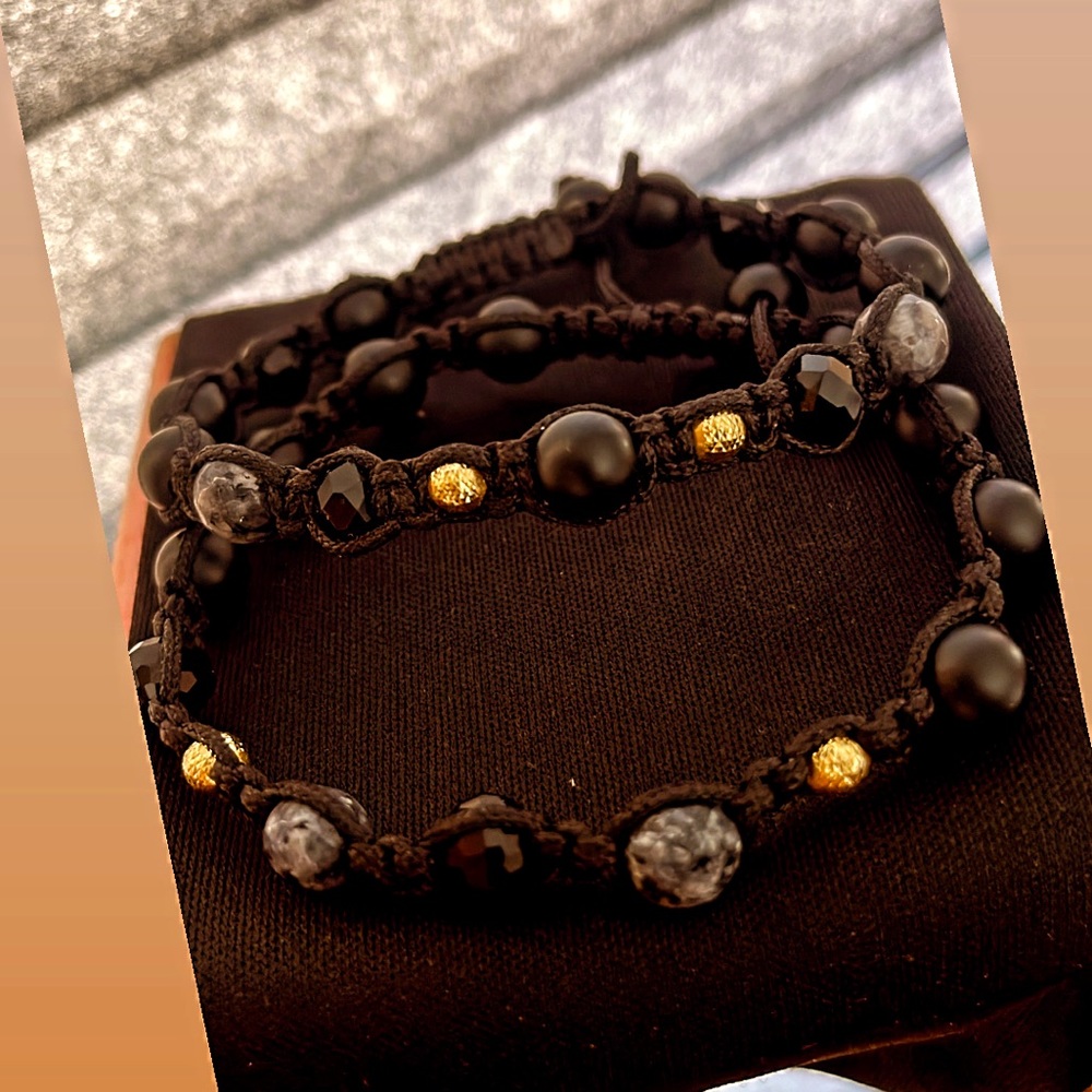 18 carat Gold mixed with Labradorite n crystal n matte onyx Braided Shamballa